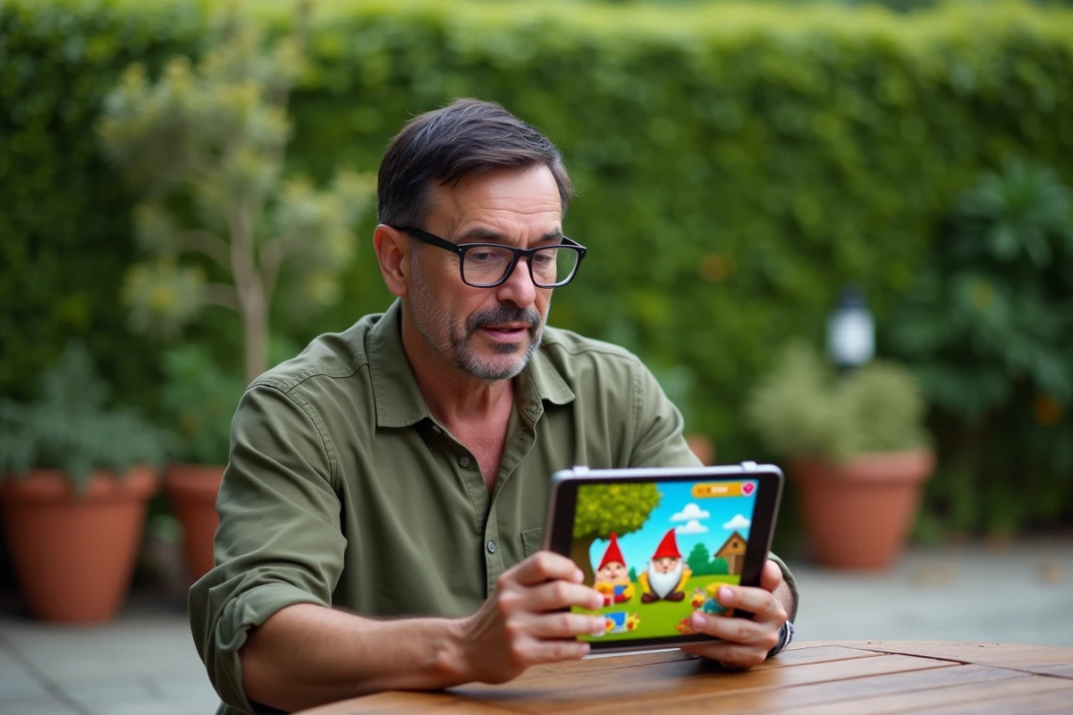 Homme jouant à un jeu de nain de jardin sur tablette dans un jardin avec des pots en terre cuite
