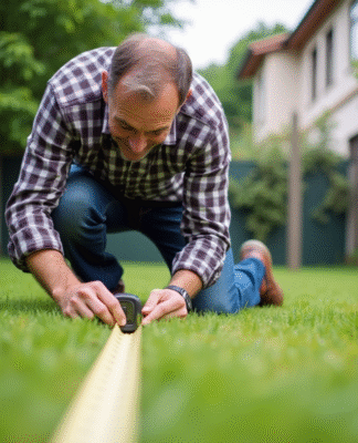 Homme mesurant la croissance du gazon dans un jardin