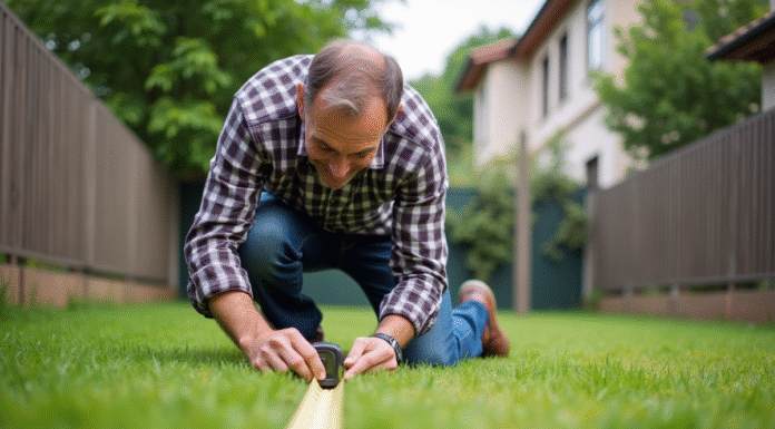 Homme mesurant la croissance du gazon dans un jardin