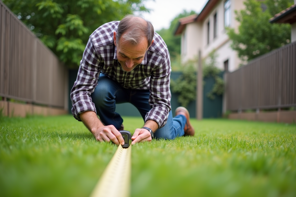 Homme mesurant la croissance du gazon dans un jardin