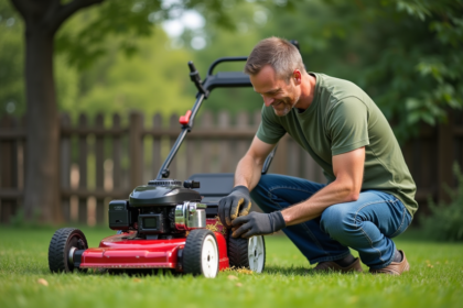 Homme d'âge moyen nettoie la tondeuse dans le jardin