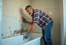 Champignons : Comment éliminer durablement ce fléau ? Homme d'âge moyen nettoyant la moisissure dans la salle de bain