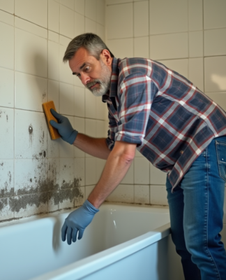 Homme d'âge moyen nettoyant la moisissure dans la salle de bain