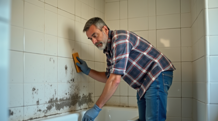 Homme d'âge moyen nettoyant la moisissure dans la salle de bain