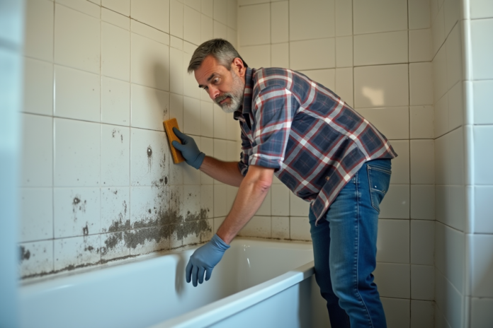 homme-nettoyage-moisissure-salle-de-bain Homme d'âge moyen nettoyant la moisissure dans la salle de bain