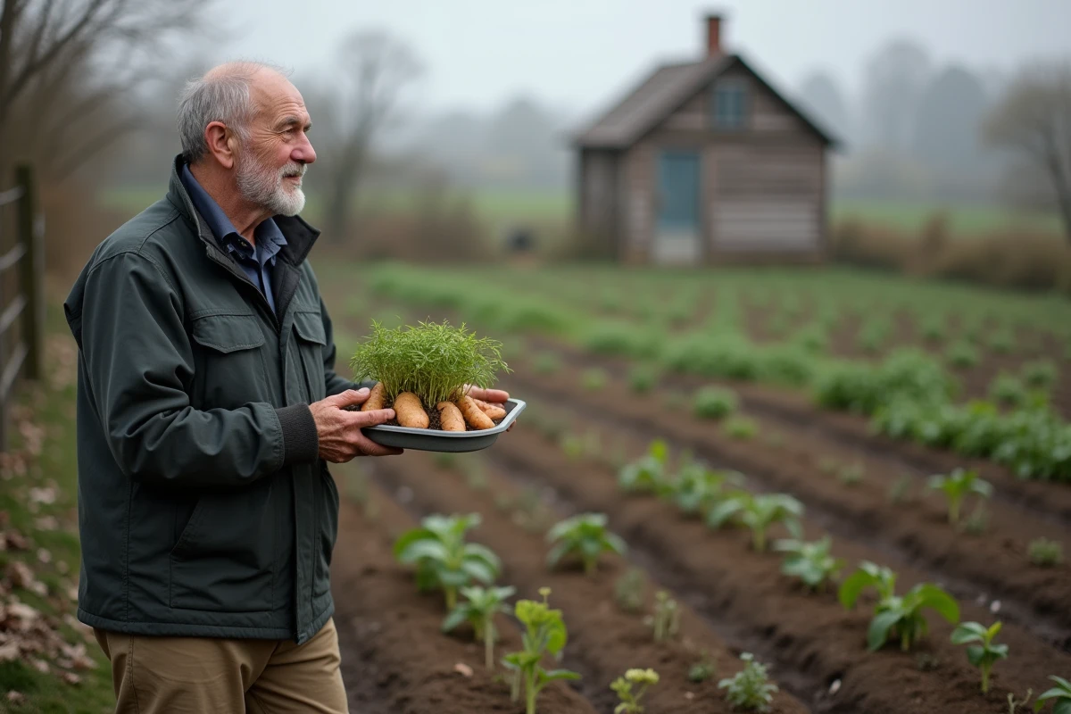 Homme âgé tenant des jeunes plants de patates douces dans le jardin