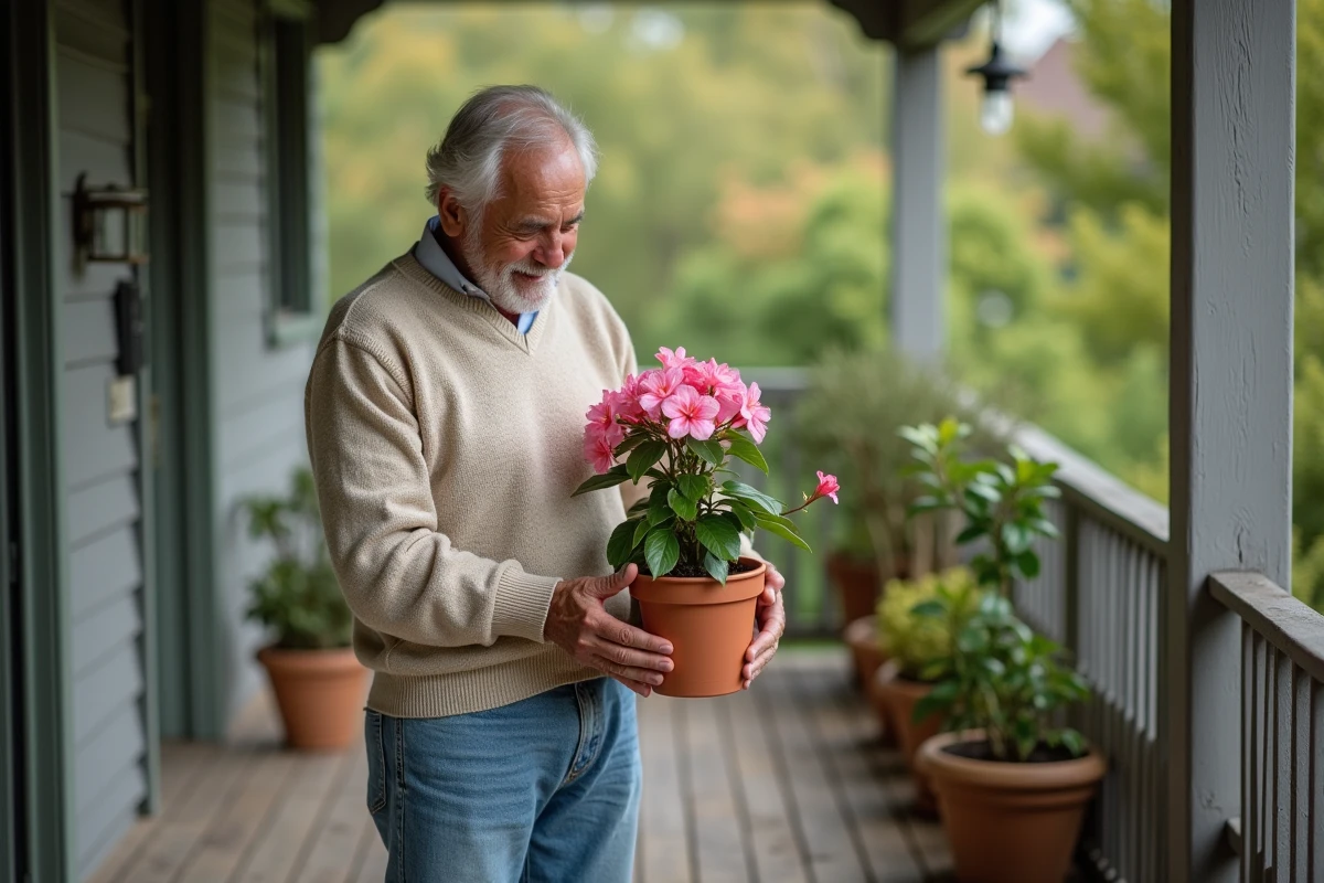 Homme âgé tenant une azalée en pot sur le porche