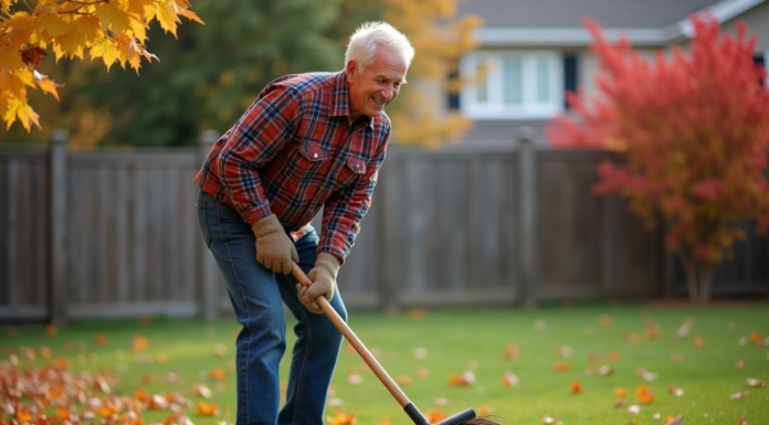 Homme d'âge moyen ratisant des feuilles en automne dans un jardin