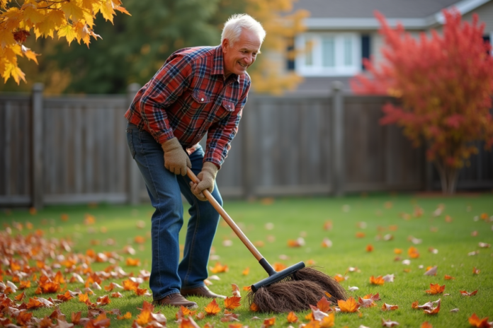 Homme d'âge moyen ratisant des feuilles en automne dans un jardin