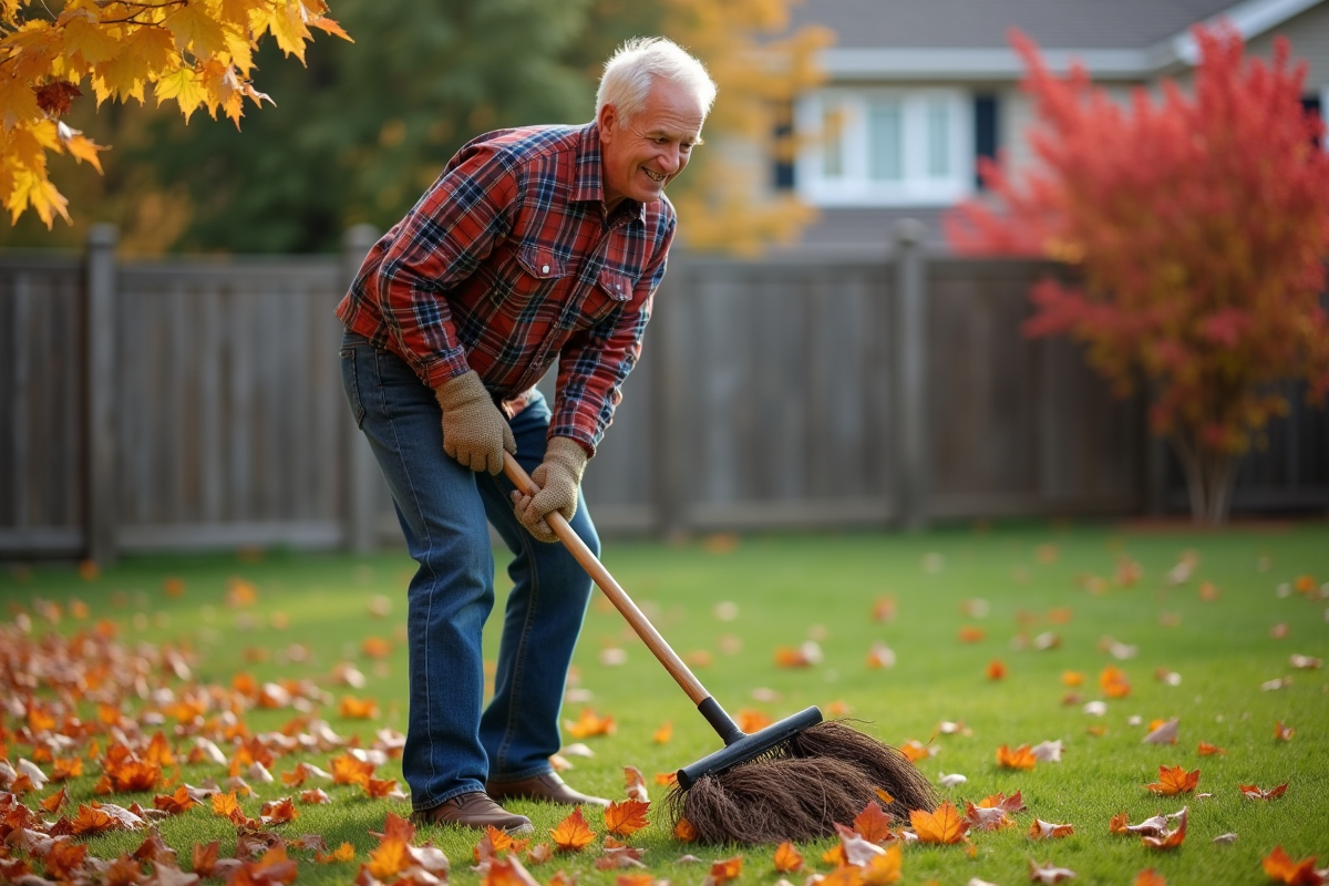 Homme d'âge moyen ratisant des feuilles en automne dans un jardin