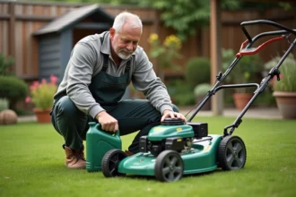 Homme en vêtements de travail remplissant une tondeuse à gazoline