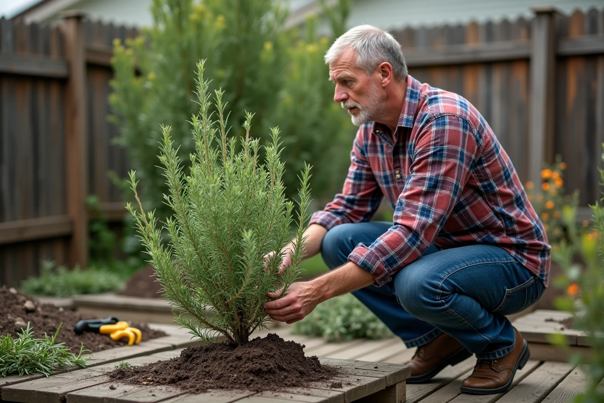 Homme examinant de jeunes pousses de romarin dans le jardin