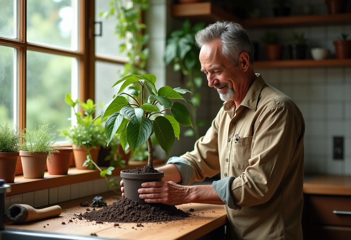 Homme repotant un ficus dans la cuisine