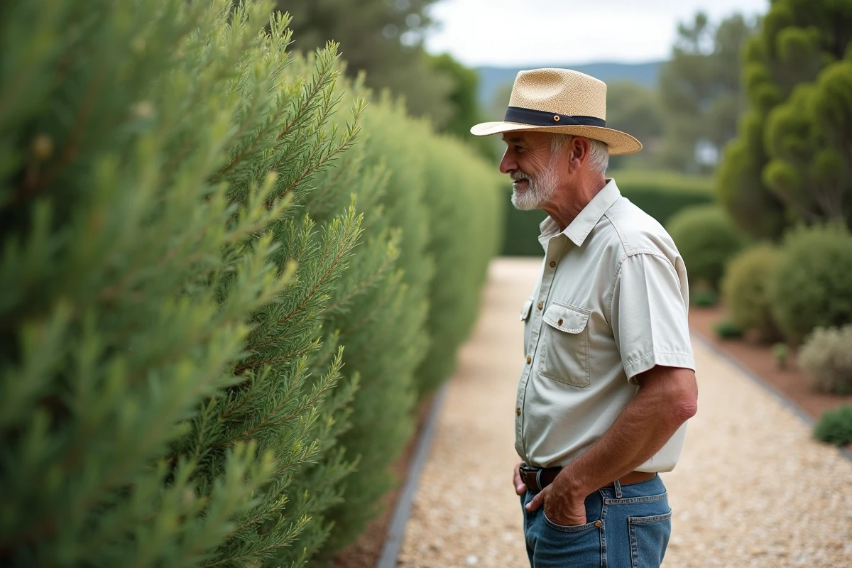 Homme retraité inspectant une haie de romarin dense dans le jardin