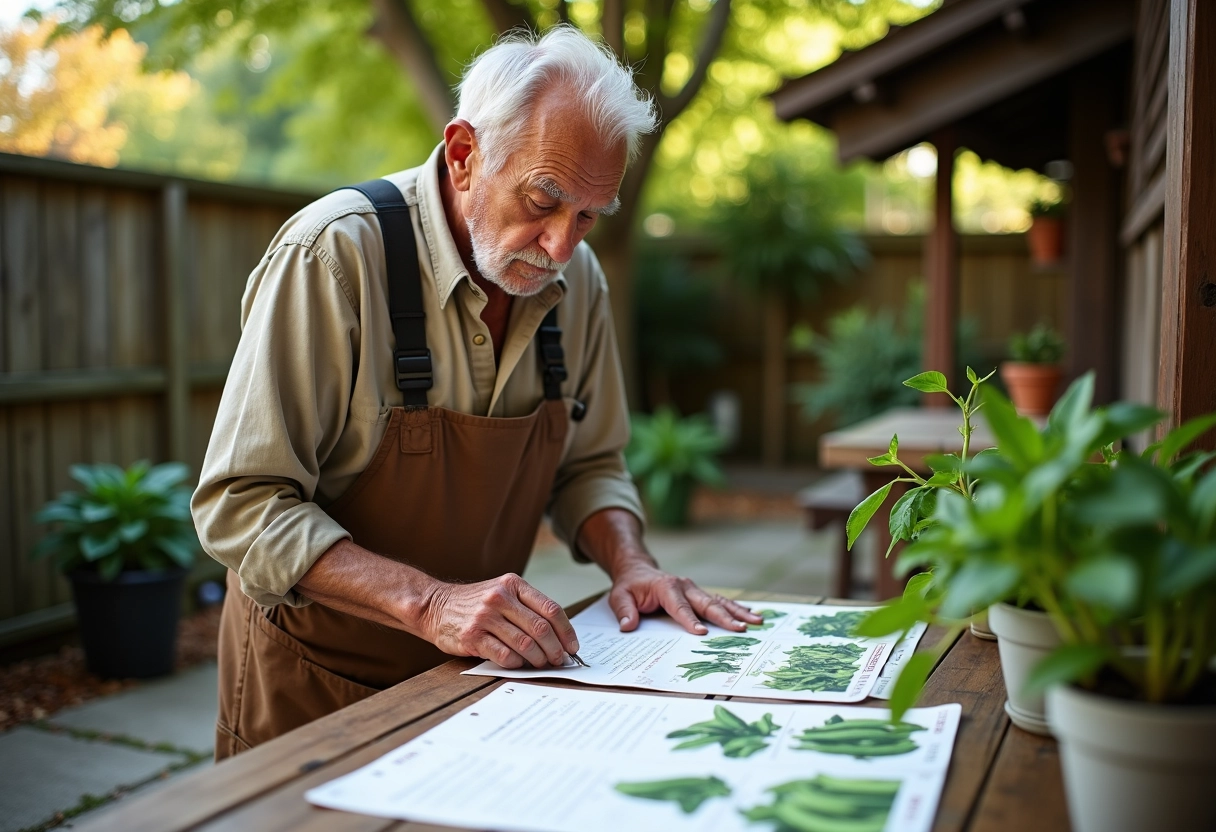 Homme âgé regardant un calendrier de plantation avec sachets de graines