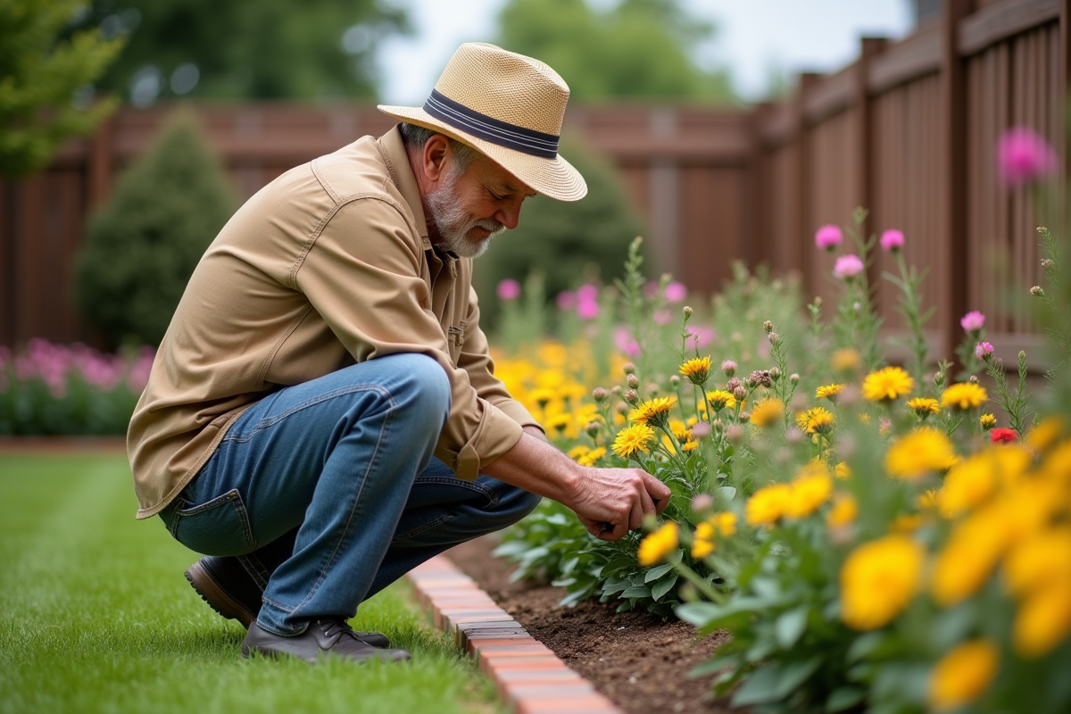 Homme âgé taillant des fleurs dans le jardin