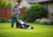 Meilleure stratégie pour tondre la pelouse : conseils et astuces pratiques Homme d'âge moyen tondant la pelouse dans un jardin