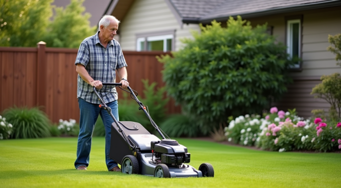 Homme d'âge moyen tondant la pelouse dans un jardin