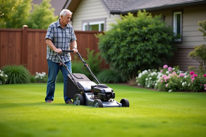 Homme d'âge moyen tondant la pelouse dans un jardin