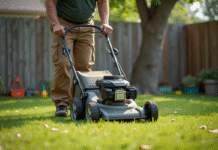 Homme d'âge moyen poussant une tondeuse dans un jardin