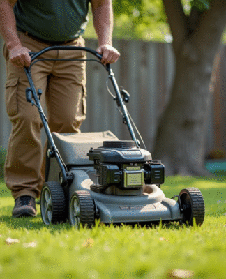 Homme d'âge moyen poussant une tondeuse dans un jardin