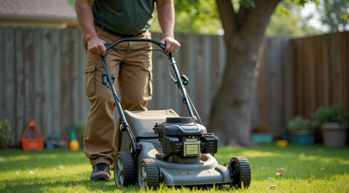 Homme d'âge moyen poussant une tondeuse dans un jardin