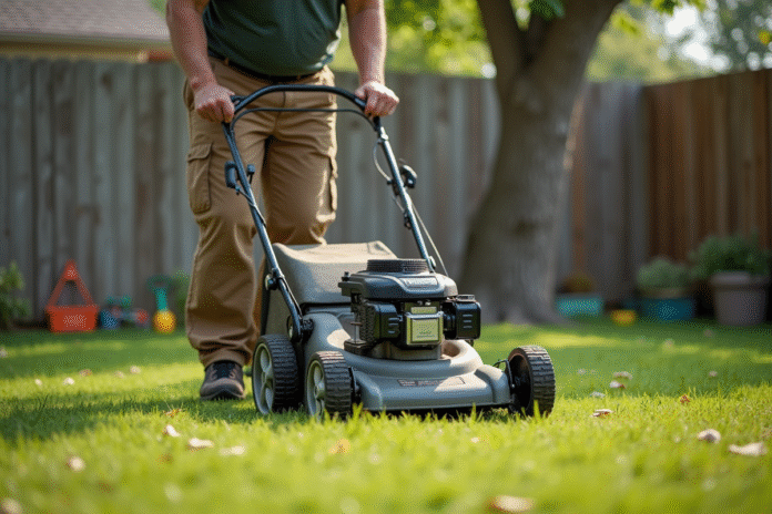 Homme d'âge moyen poussant une tondeuse dans un jardin
