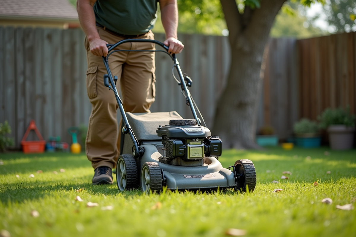 Homme d'âge moyen poussant une tondeuse dans un jardin