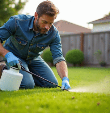 Meilleur moment pour traiter la pelouse : fongicide et technique efficace Homme appliquant un fongicide sur la pelouse résidentielle