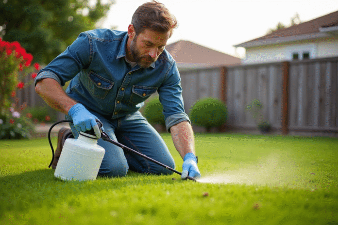 homme-traitement-fongicide-jardin Homme appliquant un fongicide sur la pelouse résidentielle