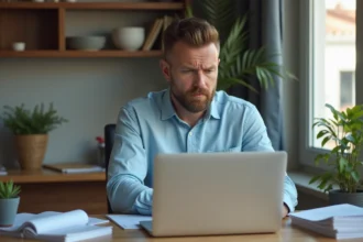 Homme d'âge moyen travaillant sur un ordinateur à la maison