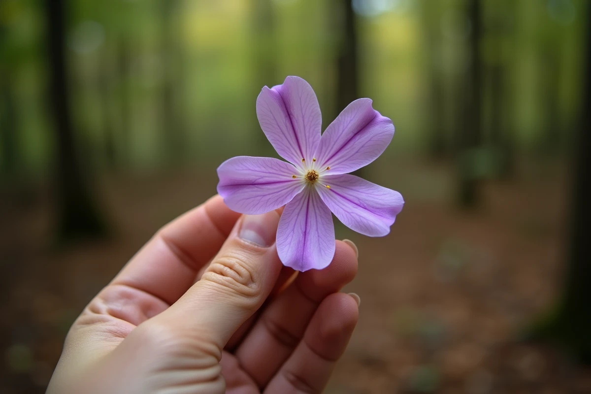 Main tenant une grande fleur mauve sauvage pour identification botanique en forêt
