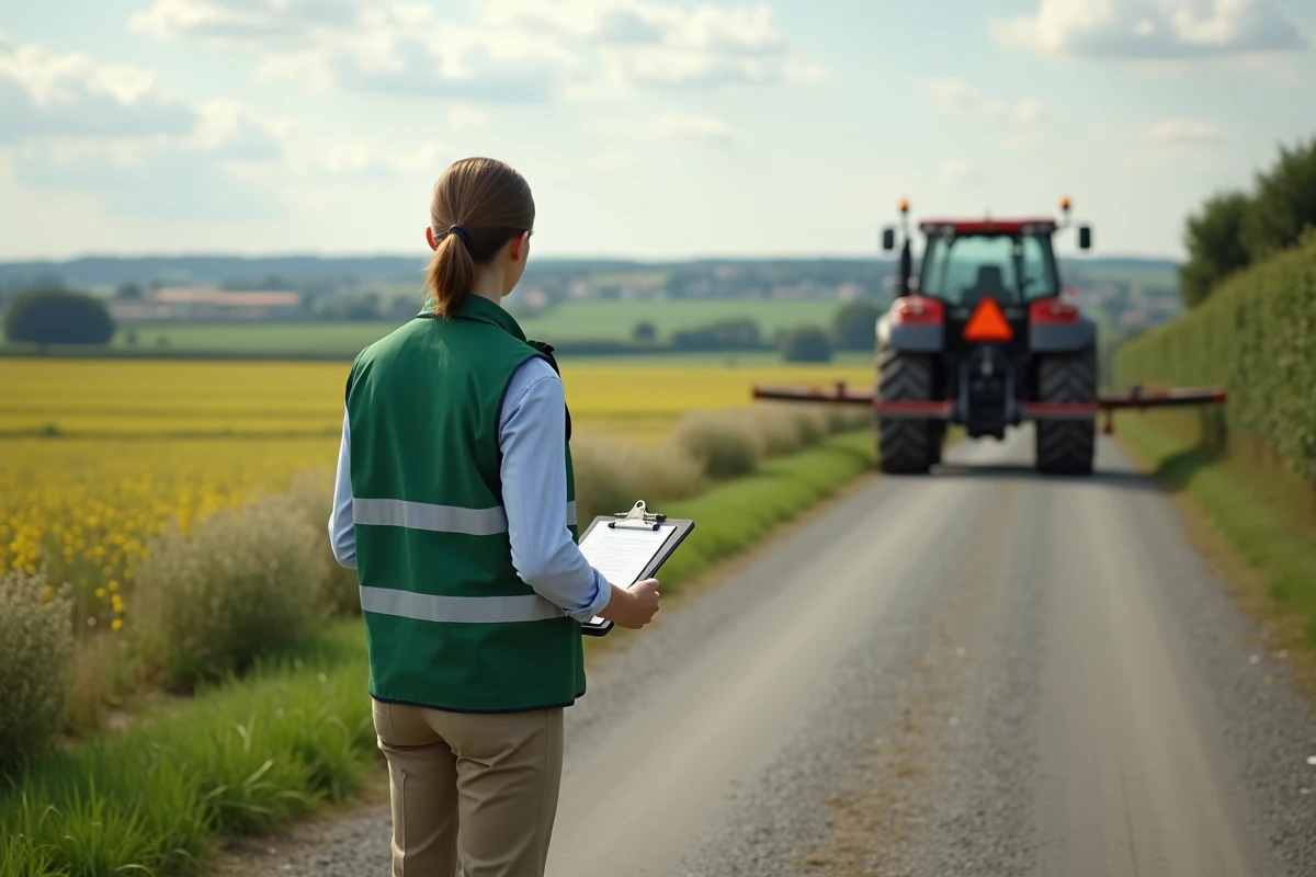 Inspectrice agricole observe un pulvérisateur de tracteur
