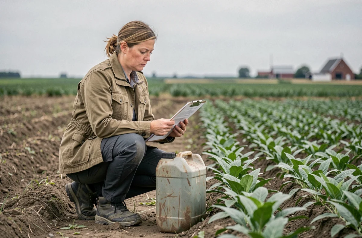 Inspectrice agricole examinant un débroussaillant interdit dans un champ avec un document réglementaire