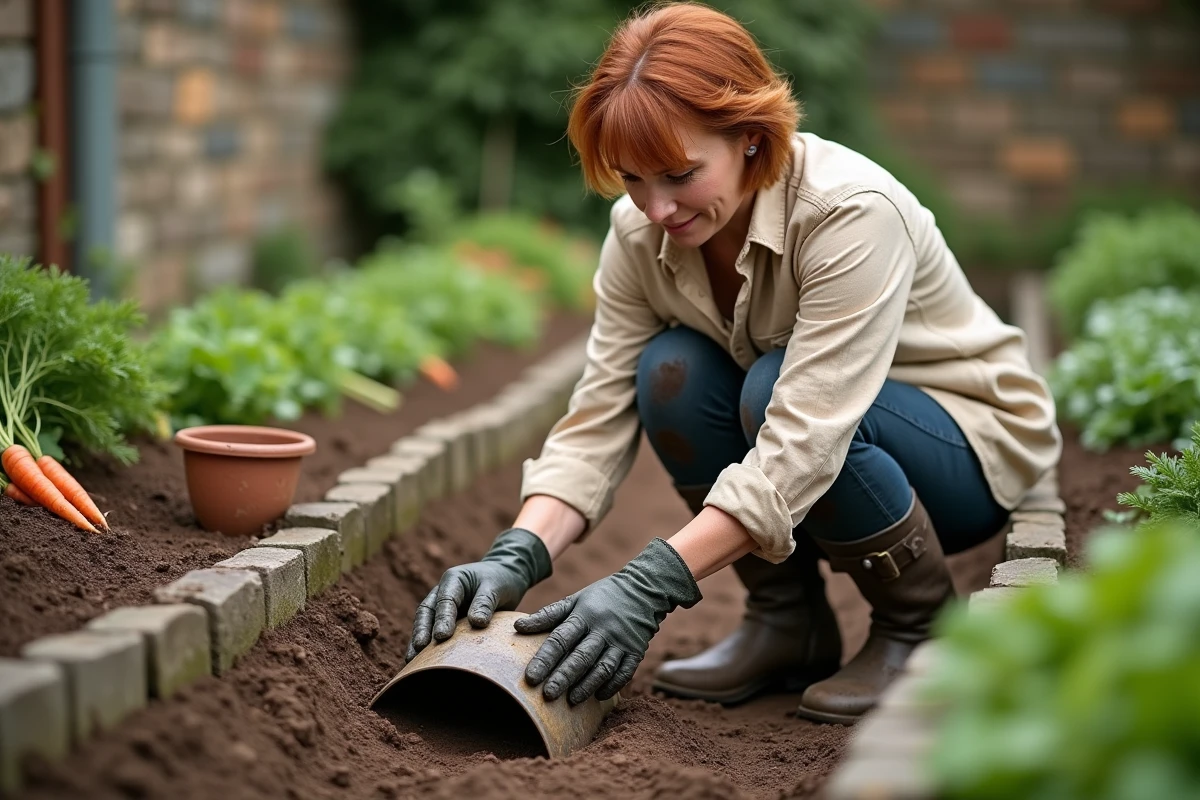 Femme installant un piège à taupe dans un potager pour protéger ses plantations de légumes