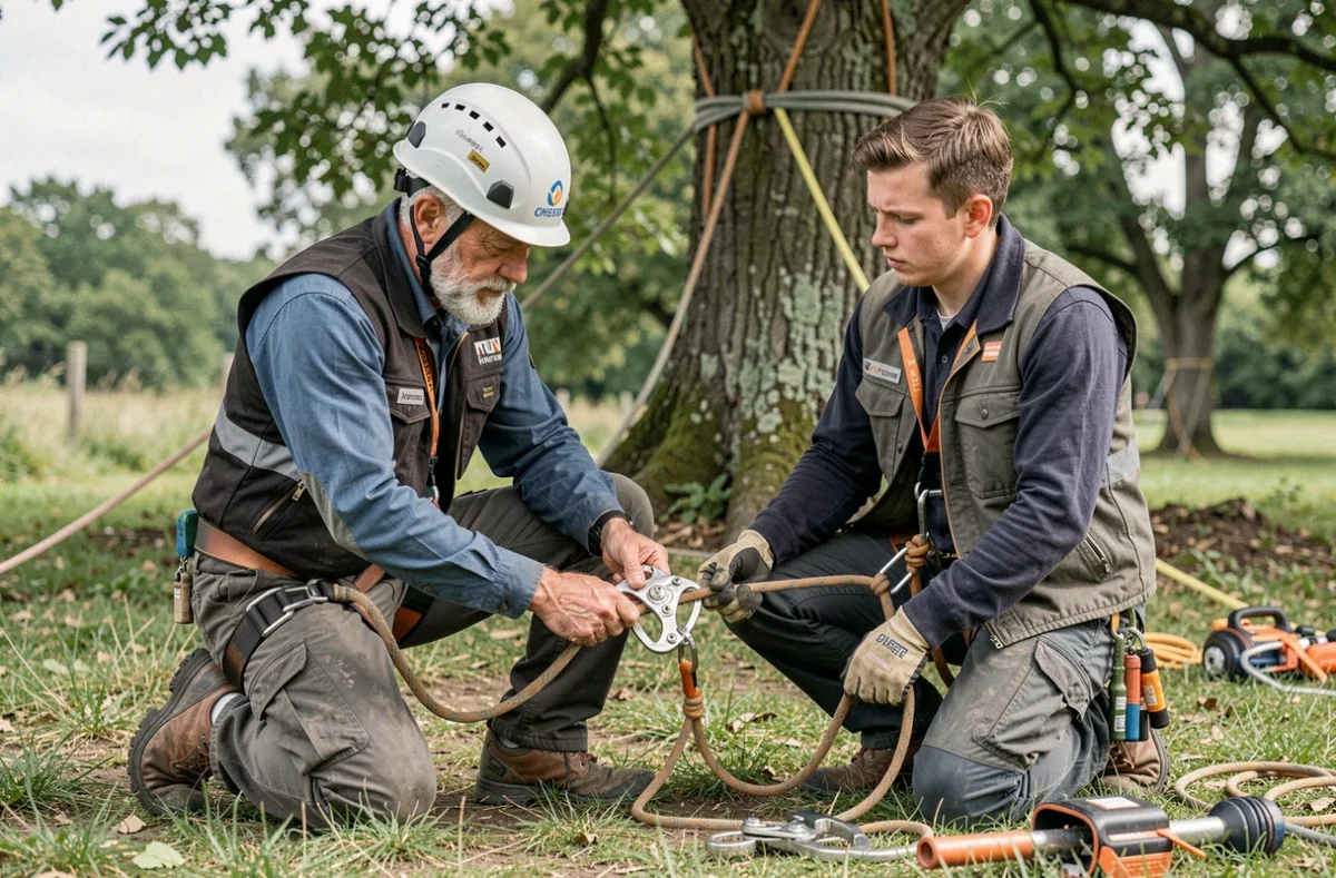 Instructeur en arboriculture démontrant le chargement d'un descendeur d'élagage à un stagiaire en extérieur