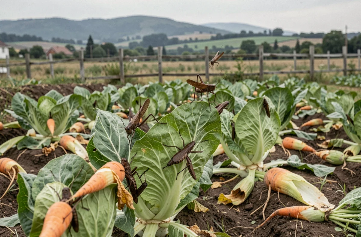 Invasion de criquets migrateurs dévorant des légumes dans un jardin potager rural