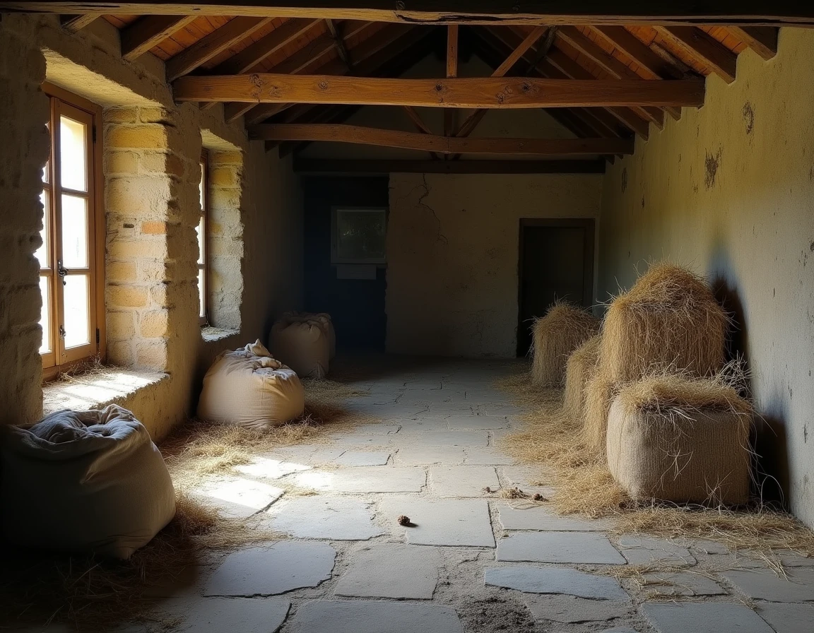 Intérieur d'une grange en Loire montrant des signes d'invasion de rongeurs avec crottes et matériaux rongés