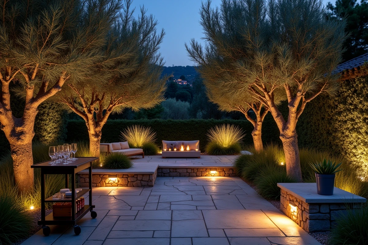 Jardin paysager de nuit avec spots d'éclairage orientés vers des oliviers et graminées ornementales, bar extérieur en bois sur terrasse en pierre pour soirées estivales