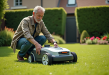 Comparatif des tondeuses robots : avantages et inconvénients des modèles populaires Homme d'âge moyen inspectant un robot tondeuse dans un jardin