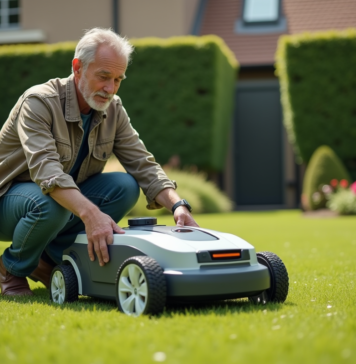Comparatif des tondeuses robots : avantages et inconvénients des modèles populaires Homme d'âge moyen inspectant un robot tondeuse dans un jardin