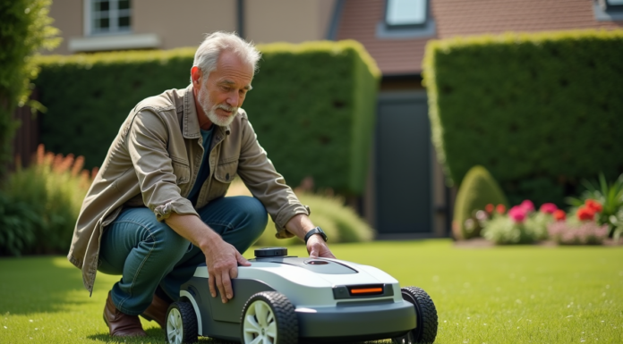 Homme d'âge moyen inspectant un robot tondeuse dans un jardin