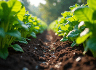 Paillage : quel choisir pour conserver l’humidité du sol ? Jardin de légumes bien entretenu avec paillis foncé entre les plantes