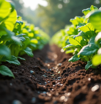 Jardin de légumes bien entretenu avec paillis foncé entre les plantes