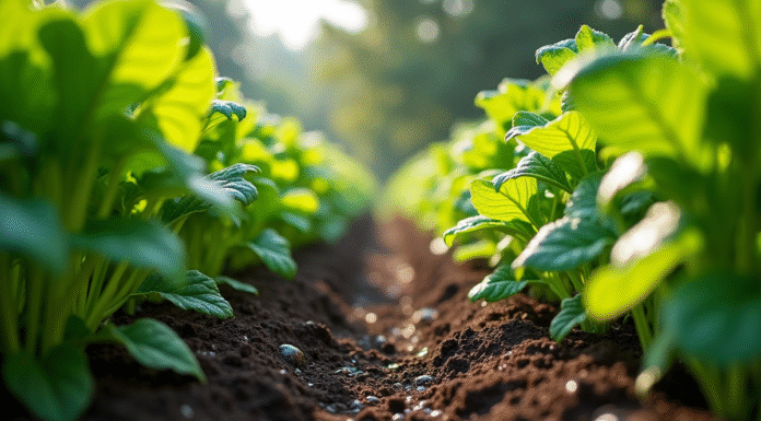 Jardin de légumes bien entretenu avec paillis foncé entre les plantes