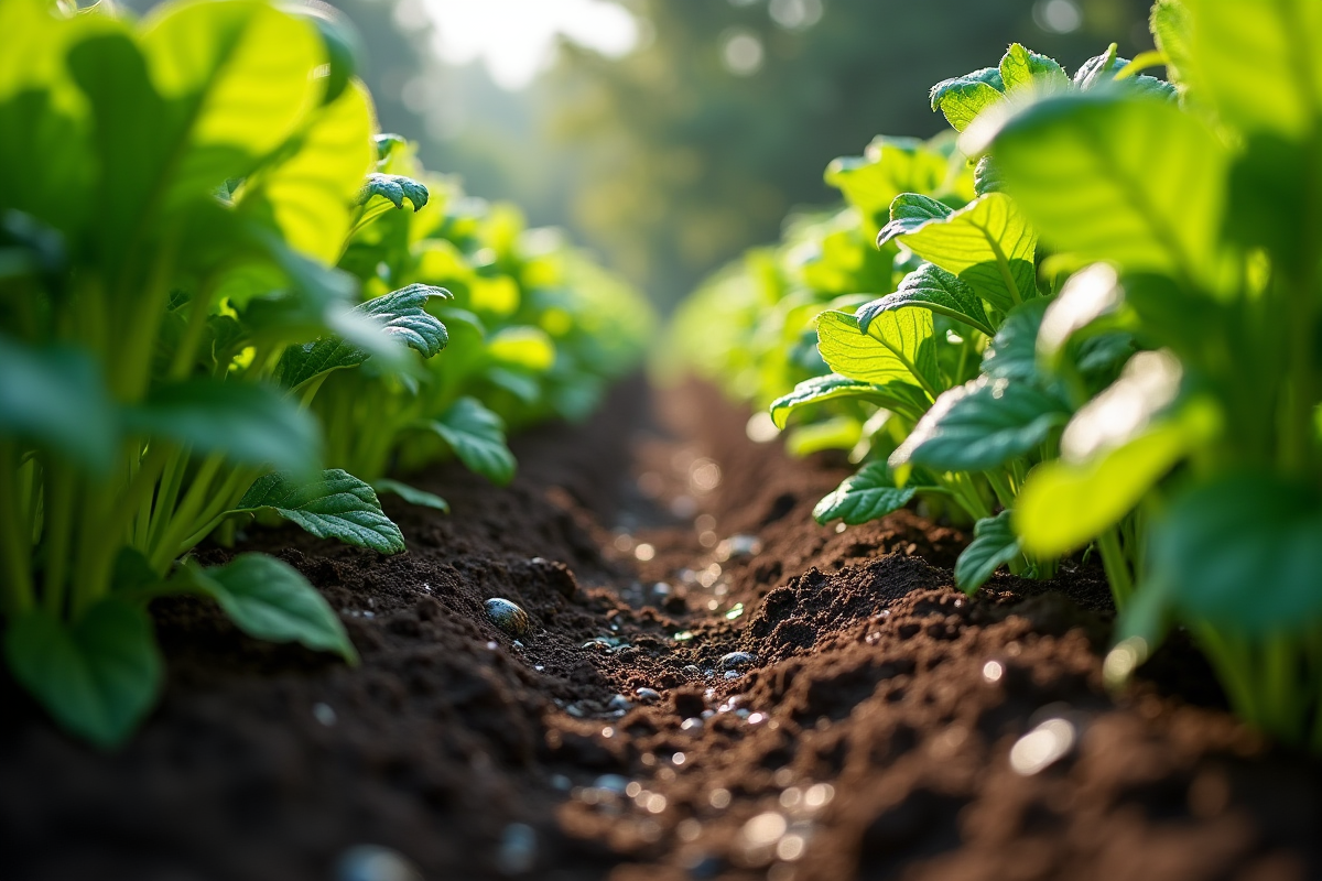 Jardin de légumes bien entretenu avec paillis foncé entre les plantes