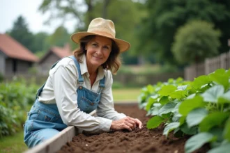 Femme en overalls et chapeau de paille plantant des haricots verts