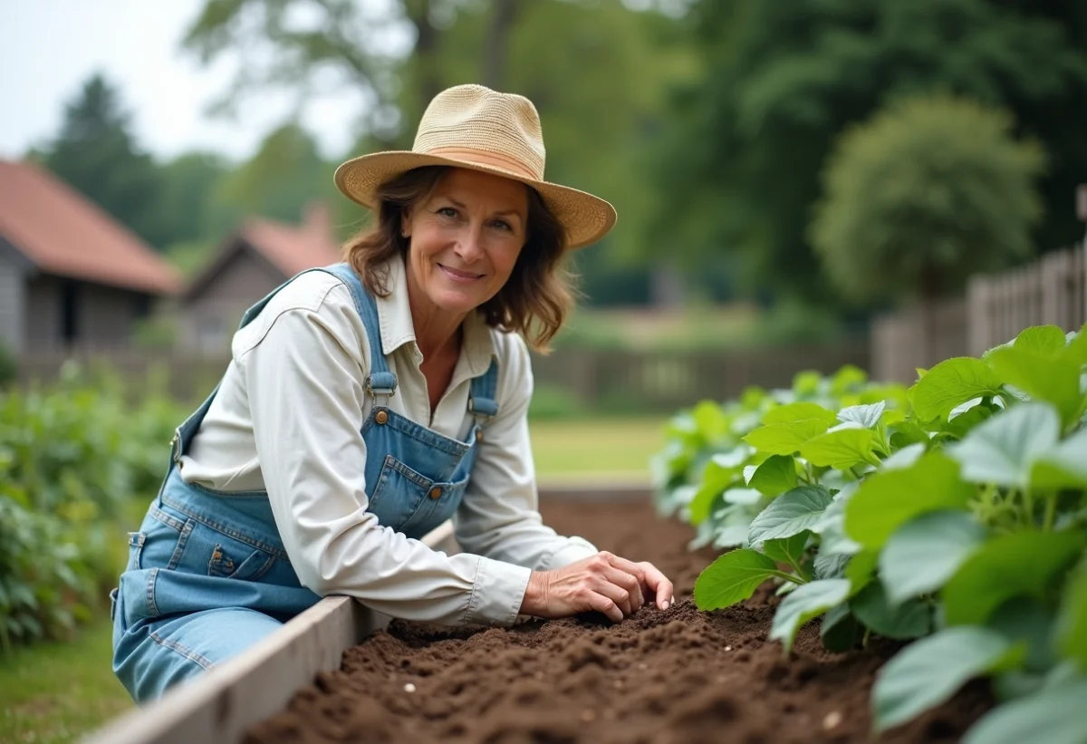 Femme en overalls et chapeau de paille plantant des haricots verts