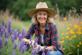 Femme jardiniere souriante en jardin avec lavande et echinacee