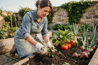 Femme jardinière qui repique des plants au potager en septembre selon le calendrier lunaire